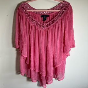 Denim 24/7 Vibrant Pink Sheer Lightweight Lace Neck Embroidered Top
